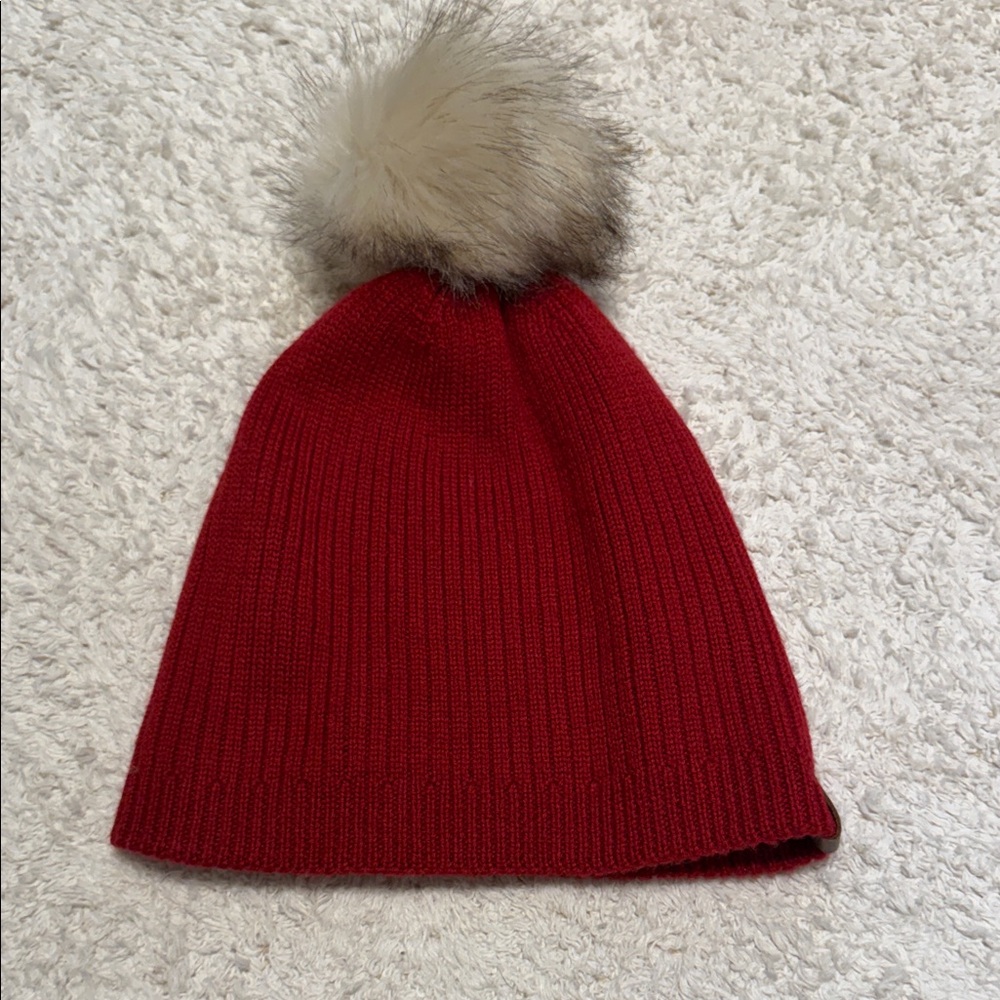 Roots | Red Knit Beanie with Faux Fur Pom